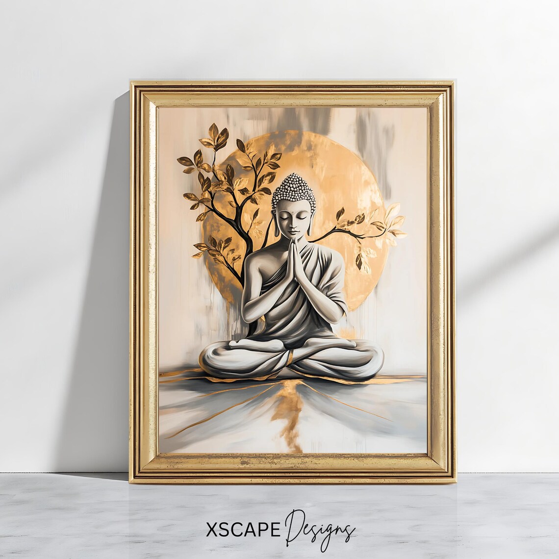 Meditating Buddha Before a Golden Moon Zen Spiritual Art Poster