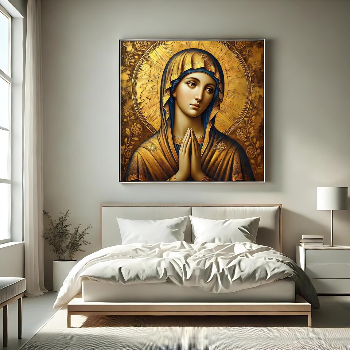 Byzantine Madonna Praying Hands Golden Halo Icon Religious Wall Art - Image 2