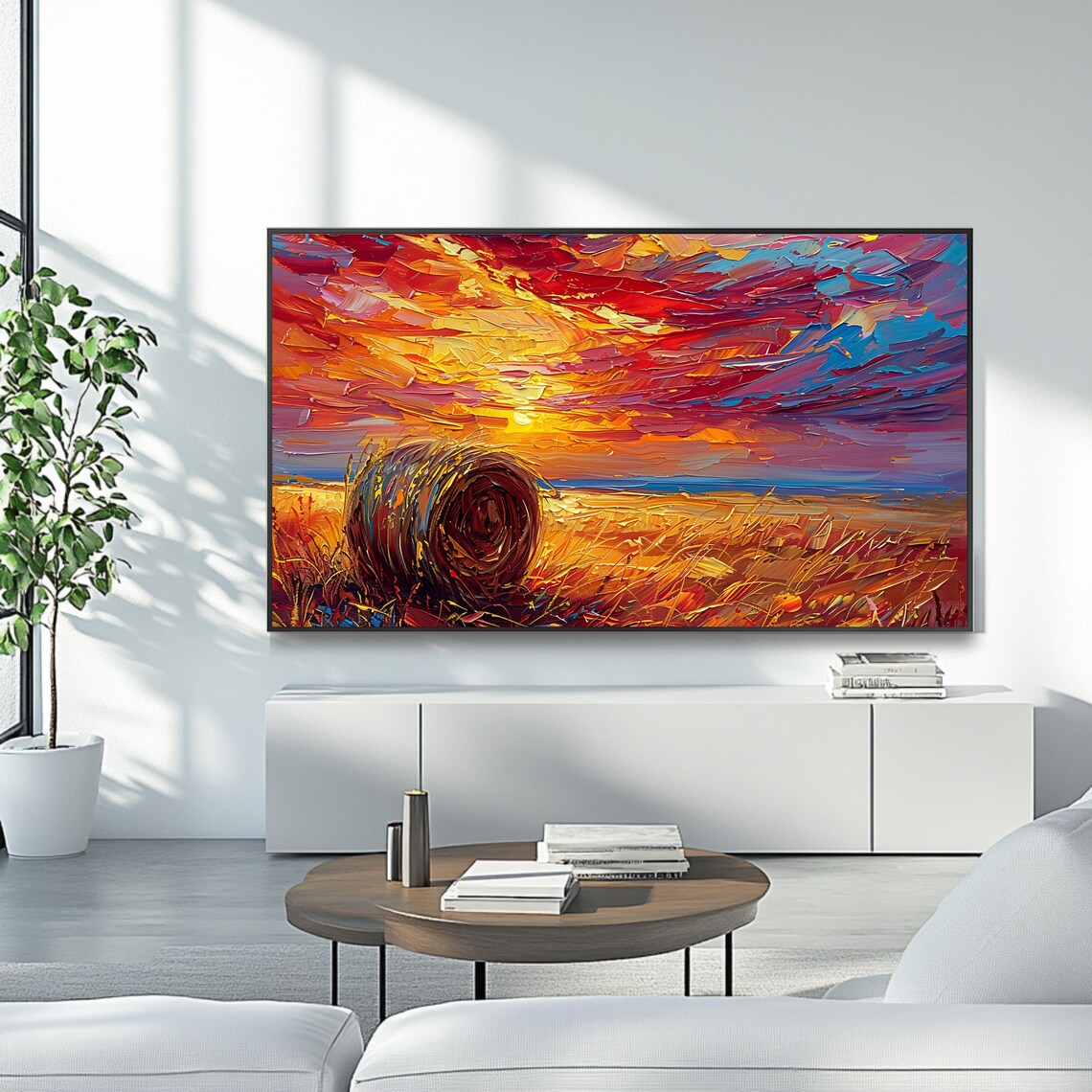 Hay Bale in a Golden Wheat Field at Vibrant Sunset Impasto Poster - Image 4