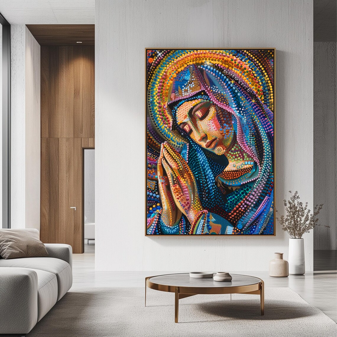 Virgin Mary Dot Art Praying Colorful Pointillism Catholic Religious Poster - Image 3