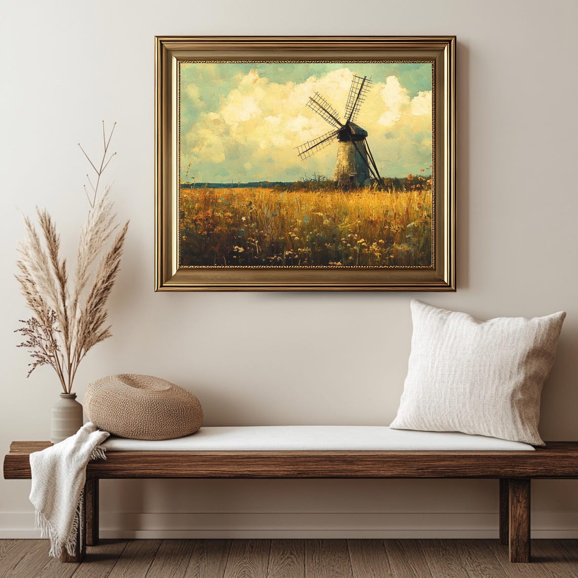 Vintage Windmill Golden Wheat Field Dramatic Clouds Rustic Art Poster - Image 2