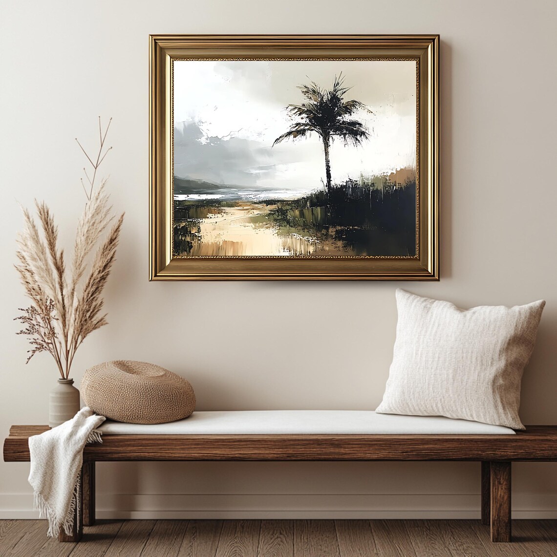 Antique Coastal Landscape, Vintage Palm Tree Scene - Image 2
