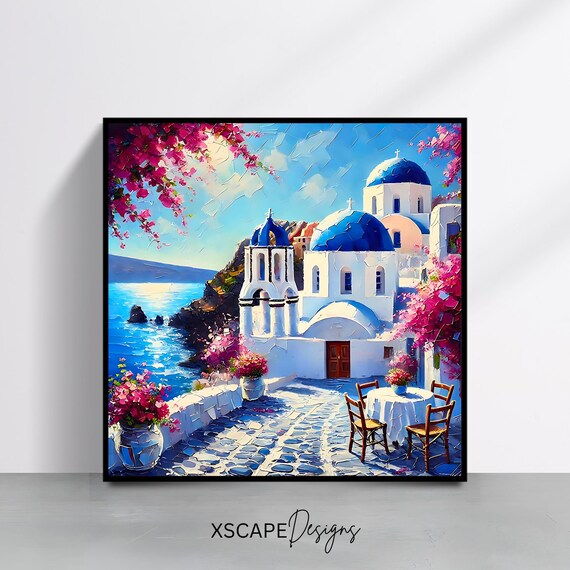 Santorini Greece Blue Domed Churches Caldera Sea Terrace Travel Poster