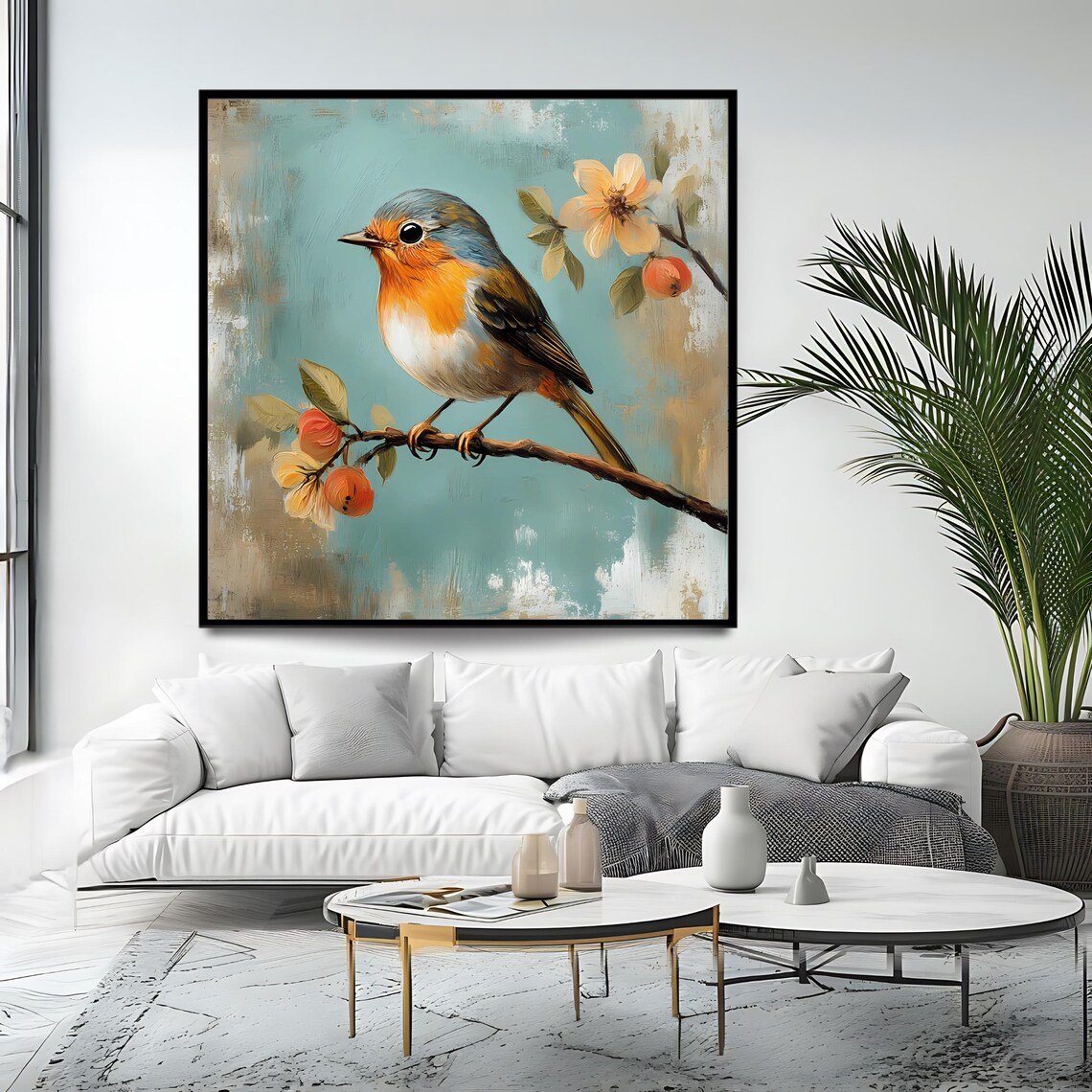 Robin Bird Perched On Berry Branch Vintage Nature Painting Wall Poster - Image 4