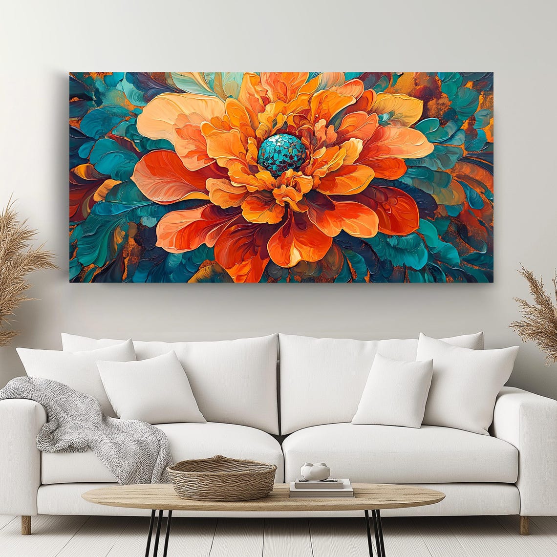 Bold Orange Teal Bloom Close-Up Impasto Floral Panoramic Art Poster - Image 2