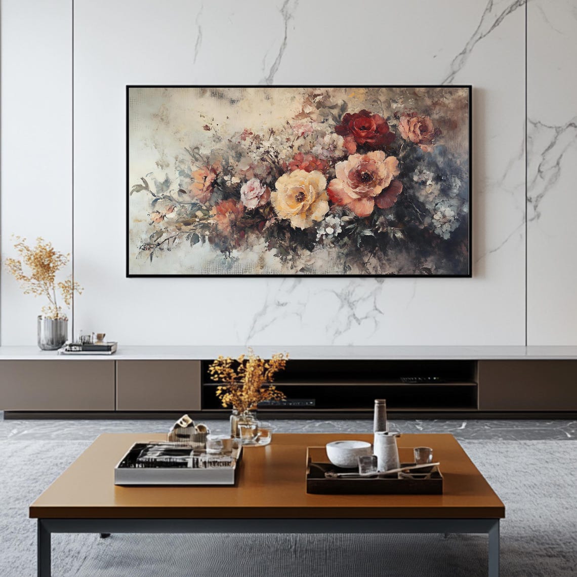 Vintage Rose Bouquet Cream Blush Dark Moody Floral Frame TV Poster - Image 2