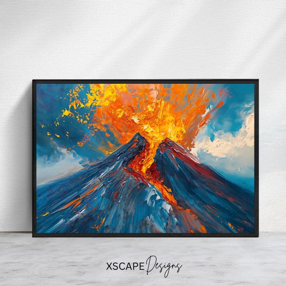 Volcano Art Print Dramatic Landscape Artwork Nature Wall Decor Fiery Mountain Scene Vibrant Art