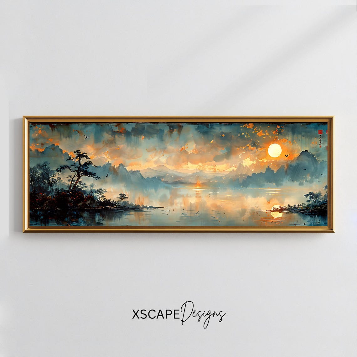 Sunset Landscape Wall Art Long Horizontal Narrow Print Elegant Nature Artwork For Above Couch Or Bed