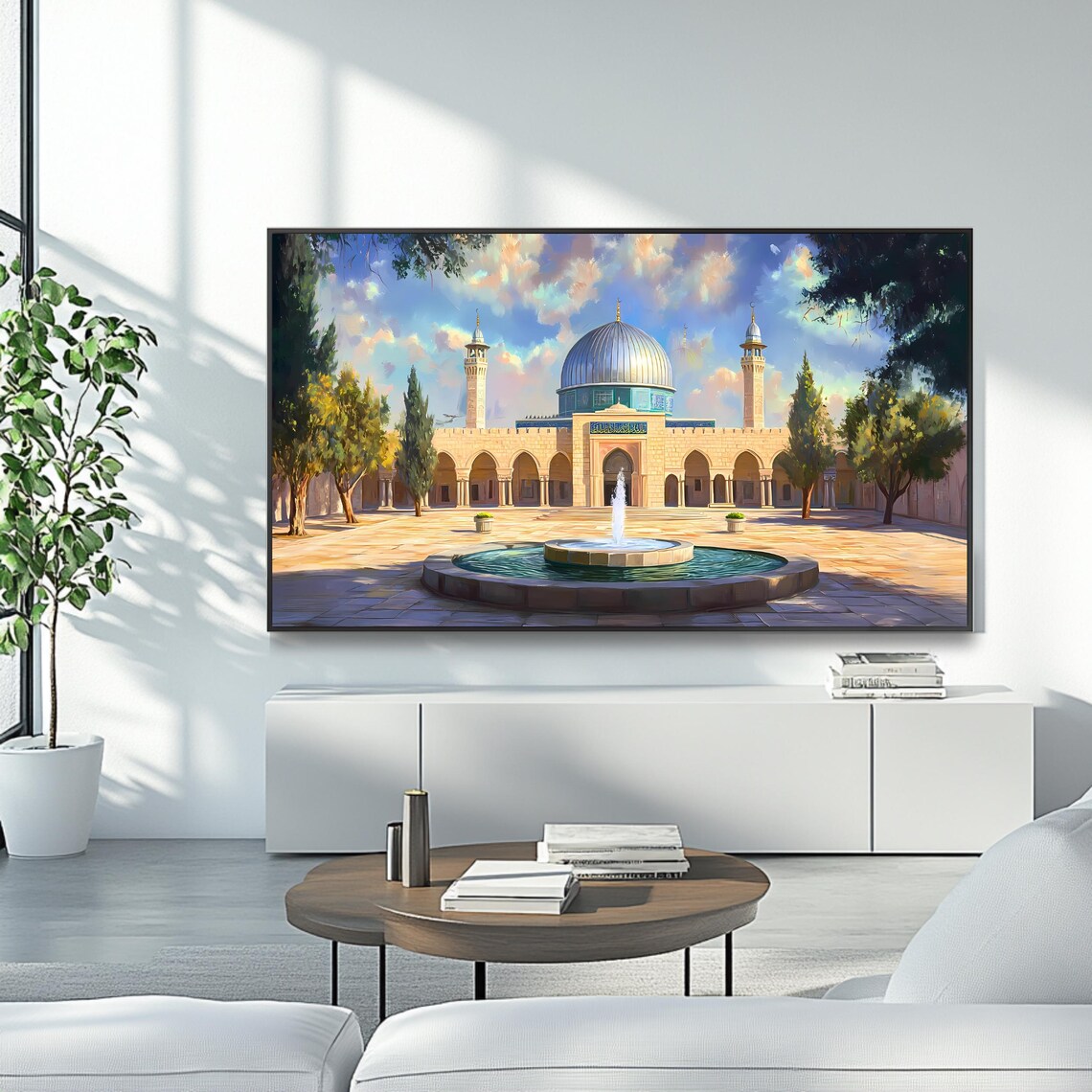 Al Aqsa Mosque Courtyard Fountain Minarets Blue Sky Painting Poster - Image 4