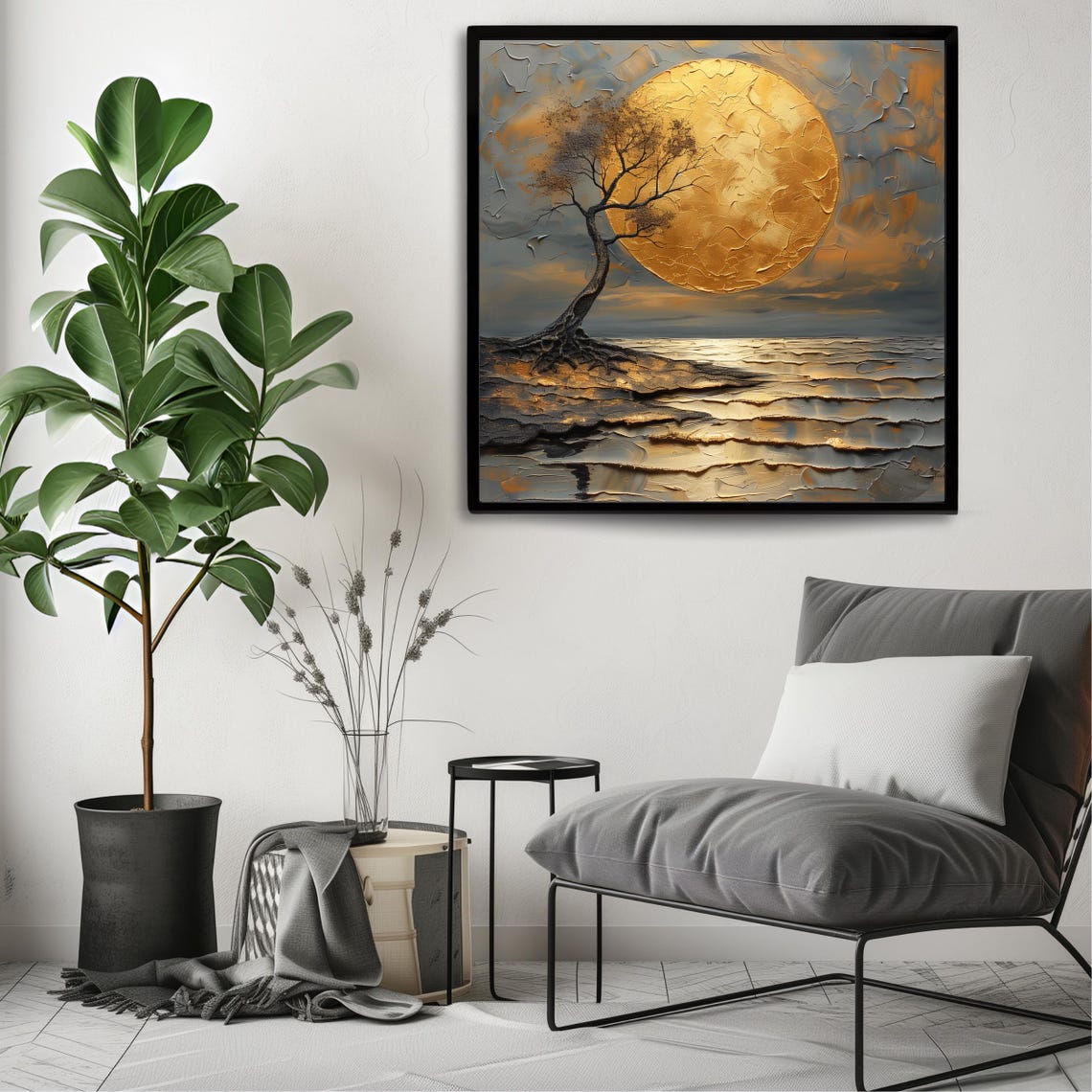 Golden Moon Over Sea Lone Tree Impasto Seascape Art Print Poster - Image 3