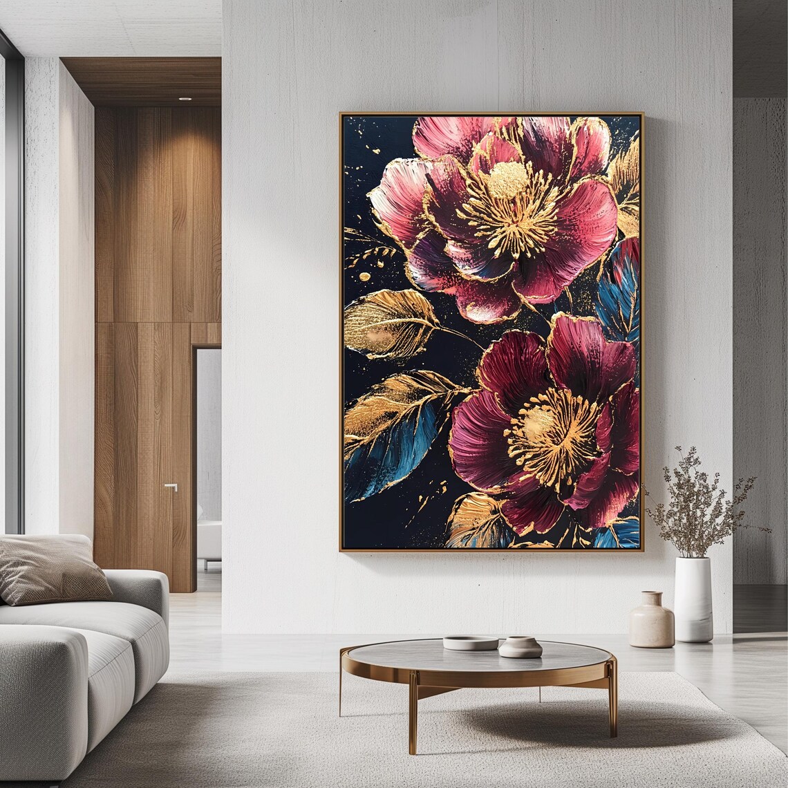 Burgundy Gold Accented Anemone Blooms On Black Luxe Floral Art Poster - Image 3