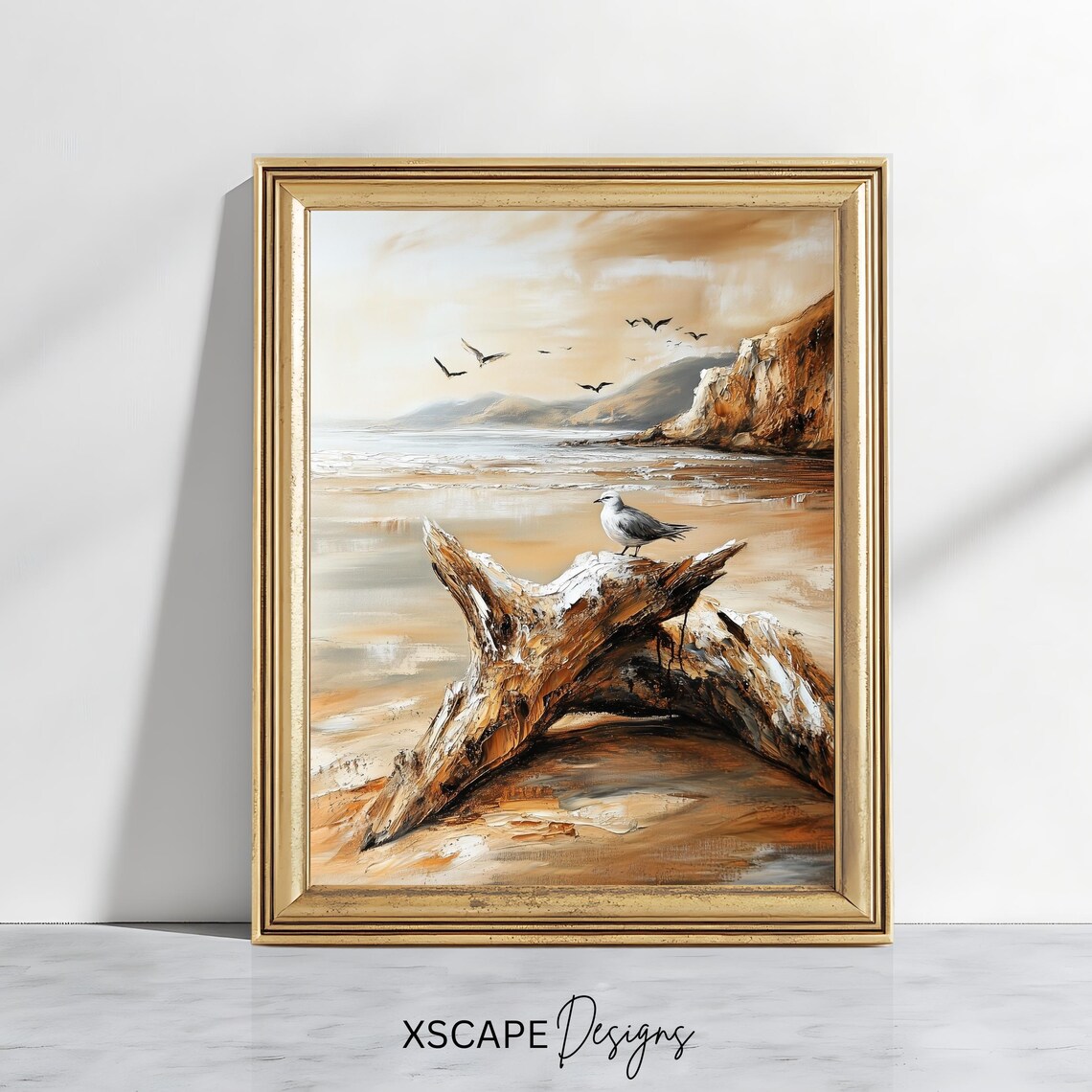 Vintage Beach Scene Seagull On Driftwood Cliffs Golden Shore Print