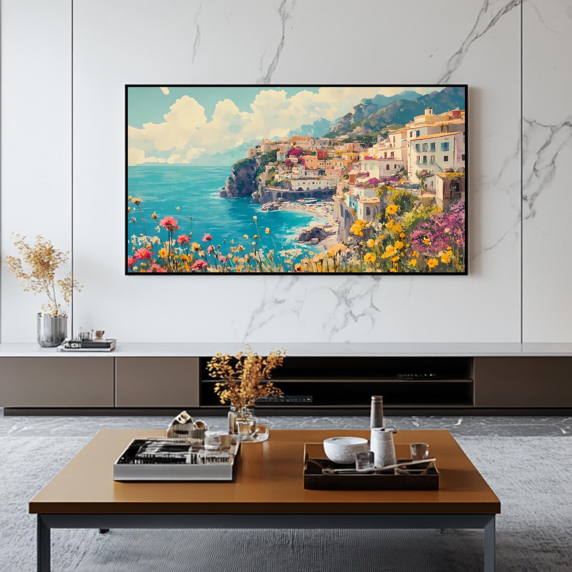 Amalfi Coast Italy Cliffside Village Wildflower Sea View Travel Poster - Image 2