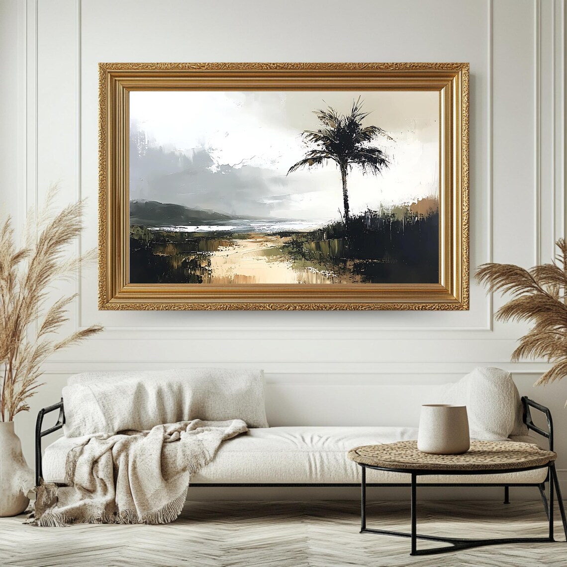 Antique Coastal Landscape, Vintage Palm Tree Scene - Image 4