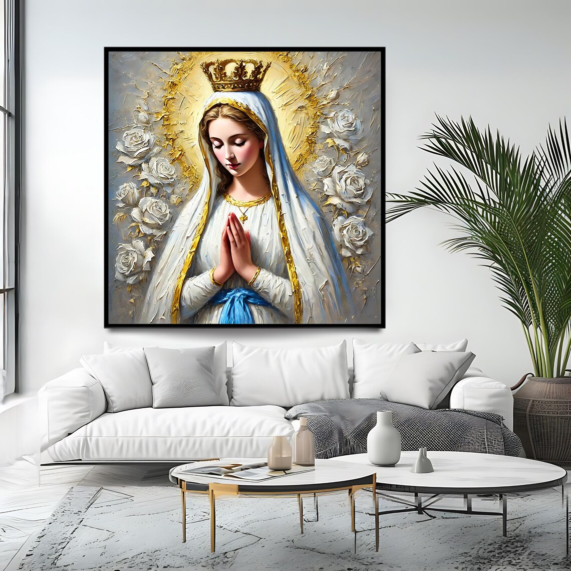 Our Lady of Fatima Crowned Marian Prayer White Roses Gold Halo Art Print - Image 4