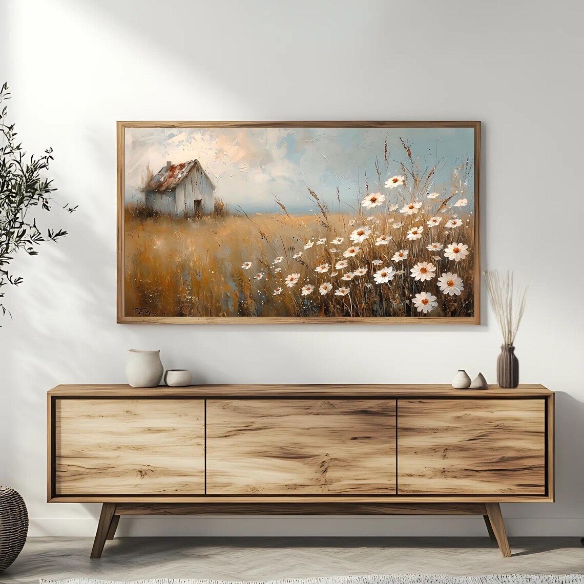 Rustic Country Cottage And Daisy Wildflowers Golden Field Art Poster - Image 3