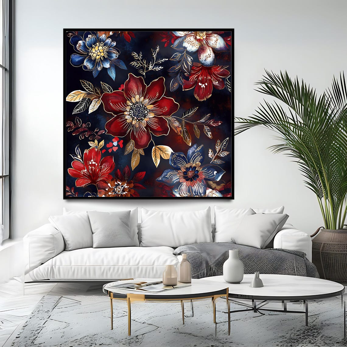 Dark Moody Red Blue Floral Pattern Gold Leaves Botanical Art Print - Image 4