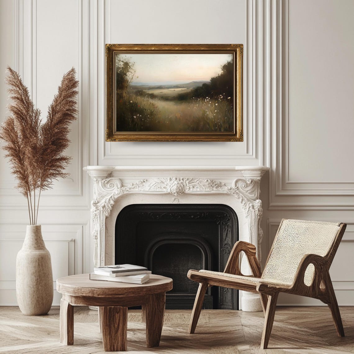 Neutral Sunset Landscape Art Print Rustic Wall Decor Horizontal Vintage Painting Serene Nature - Image 3