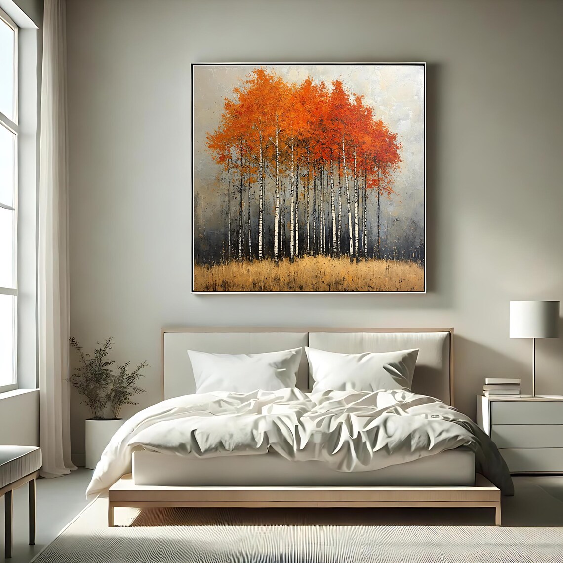 Autumn Birch Forest Orange Canopy White Trunks Misty Landscape Poster - Image 2