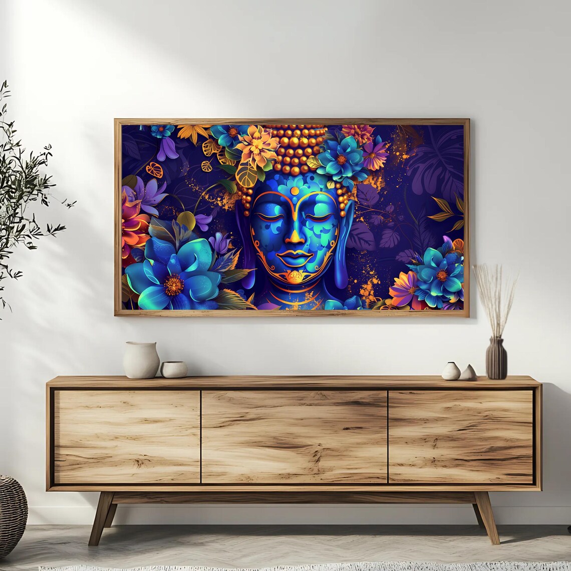 Blue Buddha Face Colorful Flowers Neon Spiritual Zen Meditation Poster - Image 3