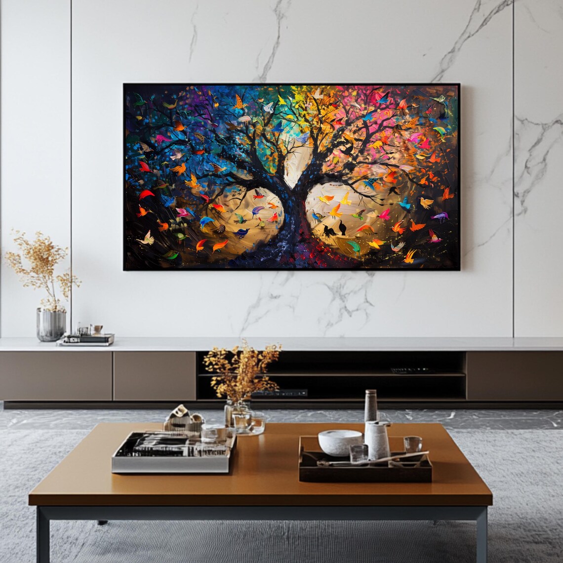 Colorful Tree Of Life With Flying Birds Abstract Nature Poster - Image 2
