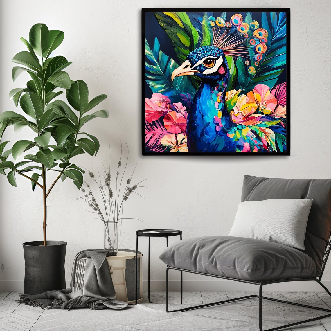 Peacock Portrait Tropical Flowers Vibrant Blue Bird Wildlife Art Print - Image 3