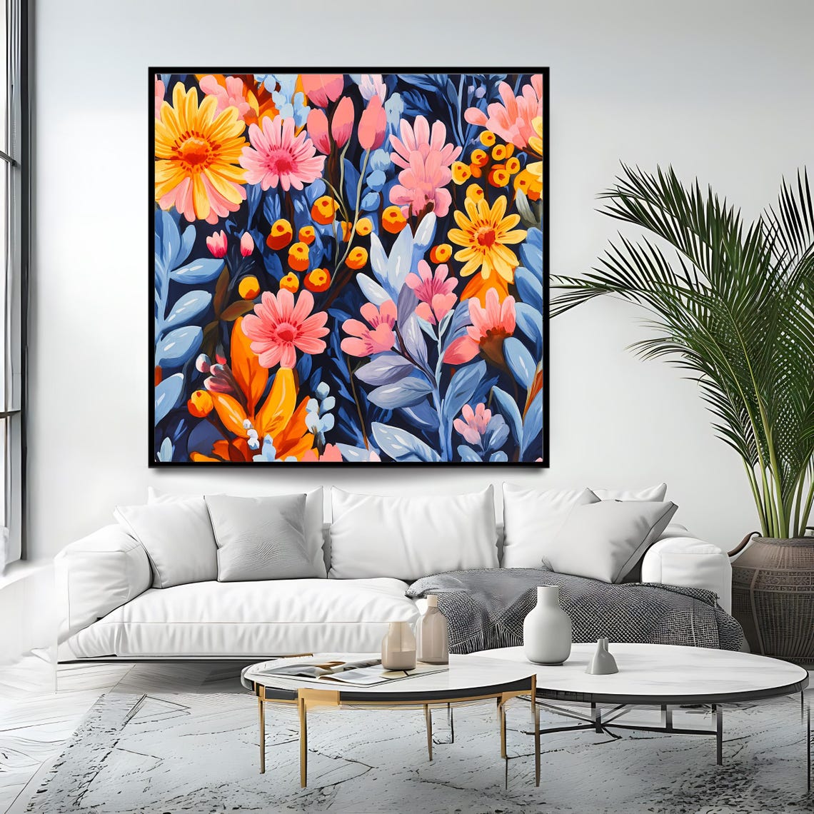 Bold Colorful Floral Meadow Painting Navy Background Botanical Poster - Image 4