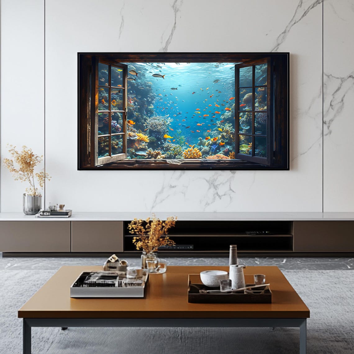 Open Window Underwater Aquarium Coral Reef Fish Wall Art Poster - Image 2