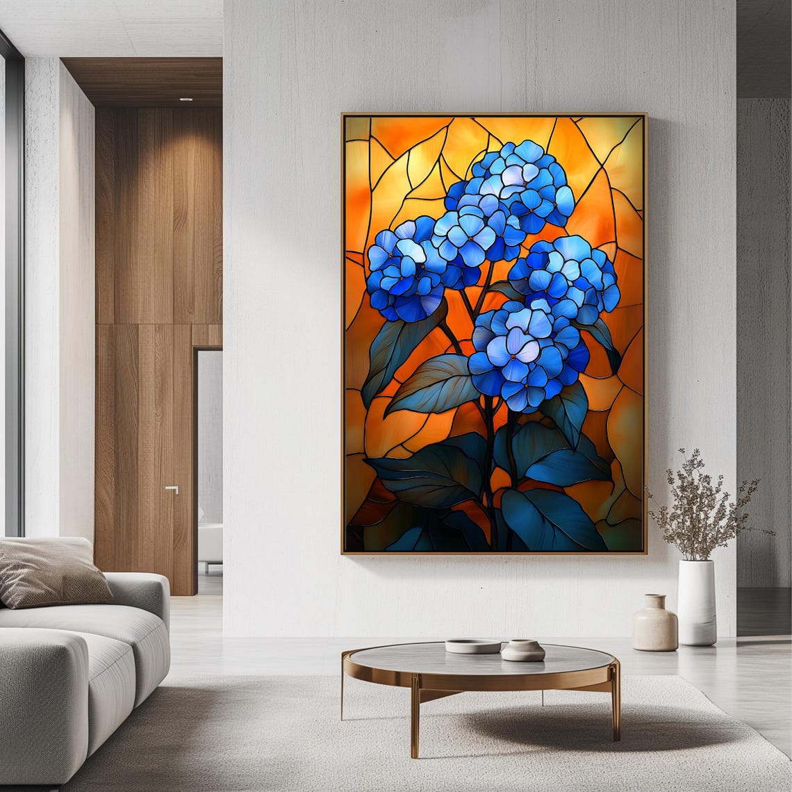 Blue Hydrangea Blossom Stained Glass Art Window Floral Wall Poster - Image 3