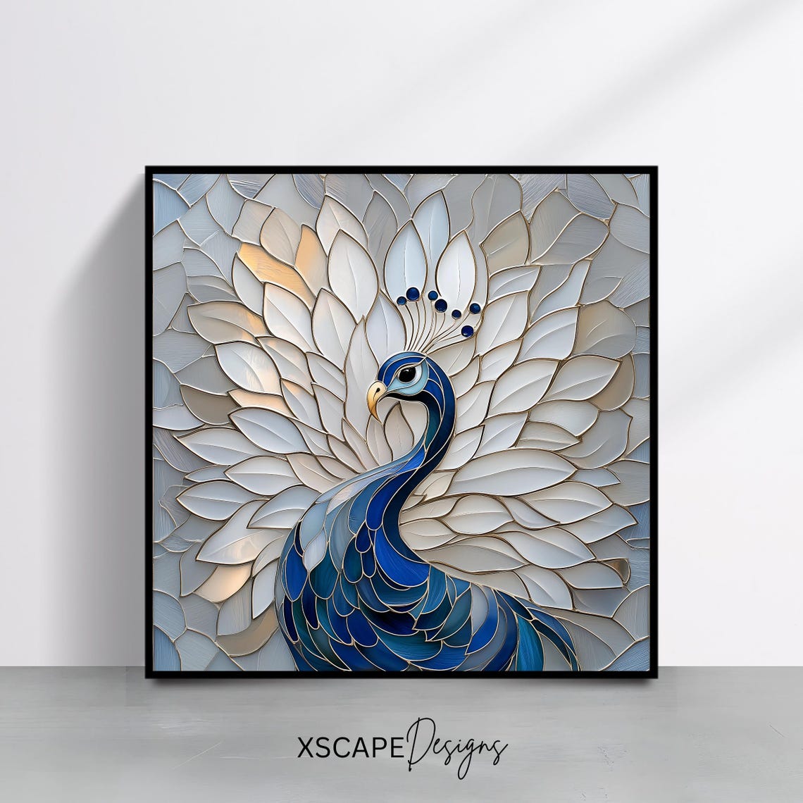Blue Peacock Stained Glass Style White Tail Feathers Bird Art Print