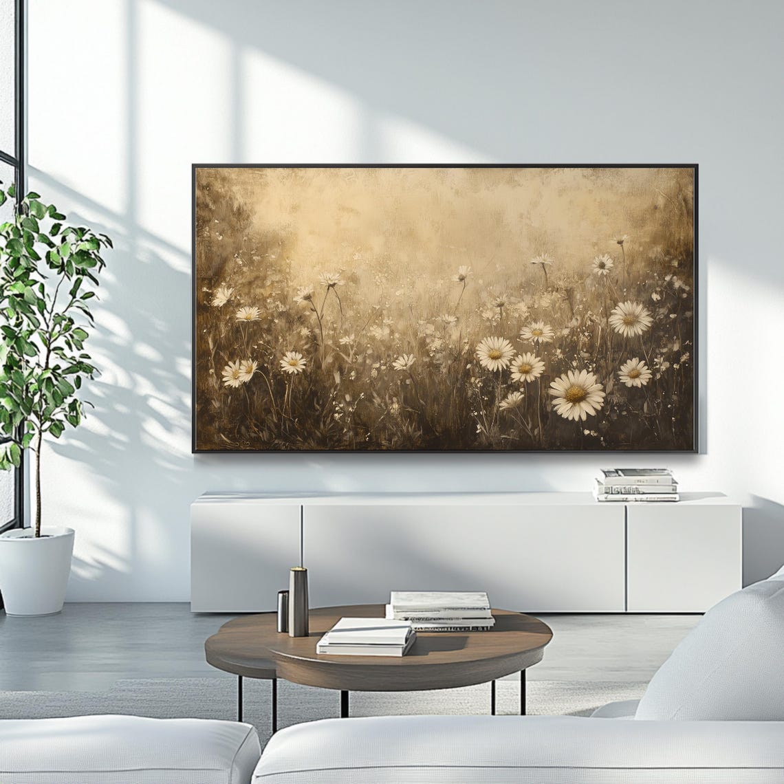 Rustic Daisy Field Sepia Toned Meadow Wildflower Frame TV Poster - Image 4