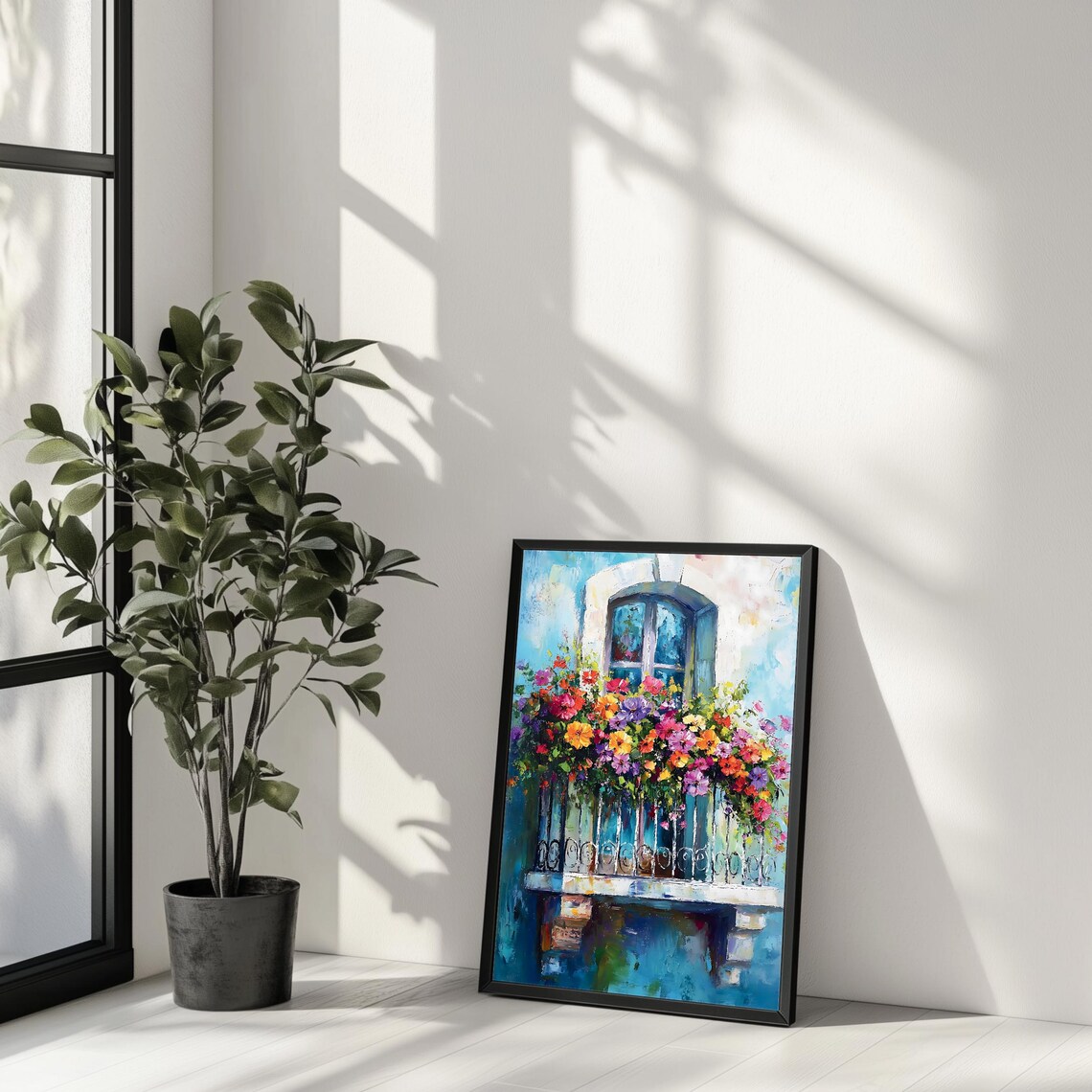 Floral Balcony Artwork, Mediterranean Window Scene - Image 2