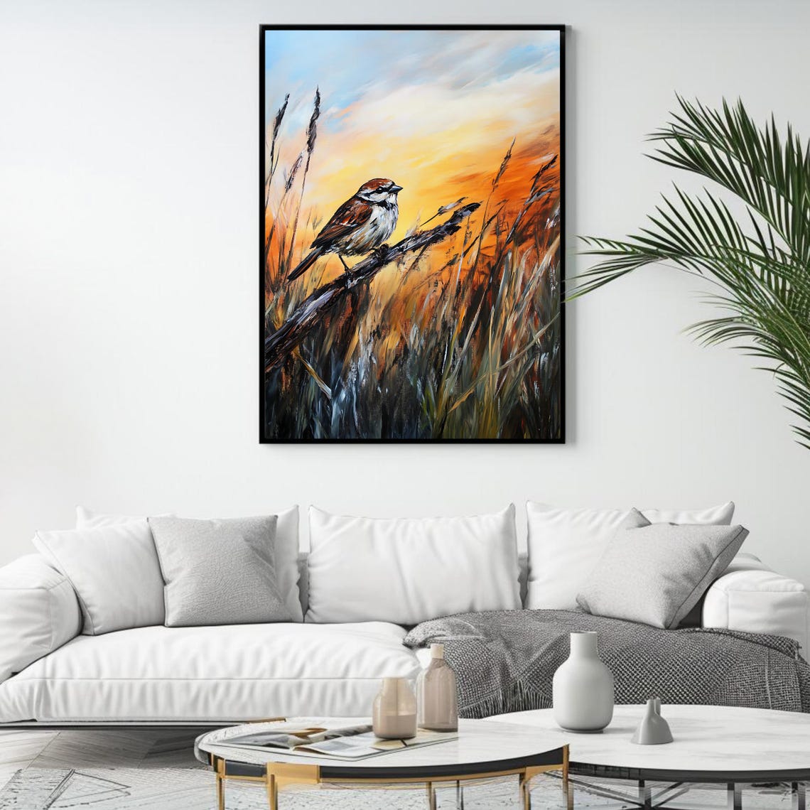 Golden Sunset Sparrow Bird On Branch Meadow Nature Wall Art Poster - Image 4
