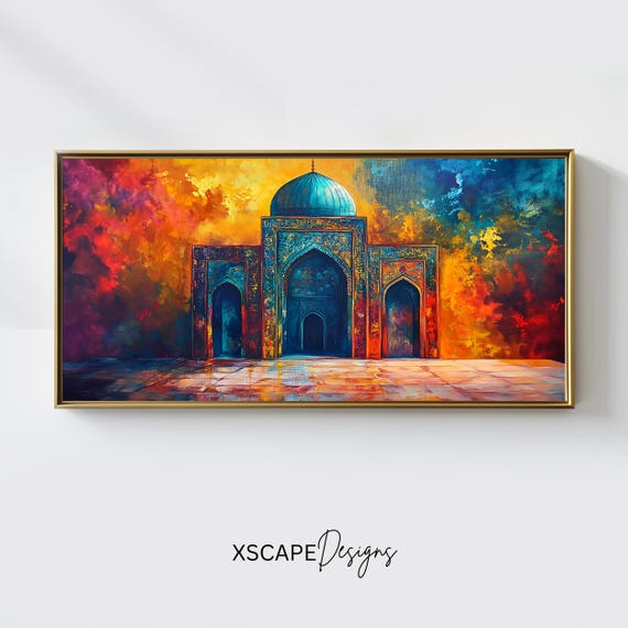 Shah Jahan Mosque Wall Art Long Horizontal Narrow Print Vibrant Islamic Architecture For Above Couch Or Bed