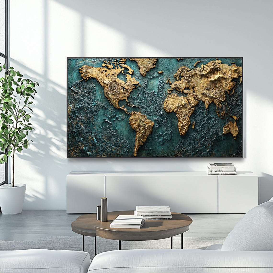 Gold And Teal Textured World Map Relief Art Continents Wall Poster - Image 4