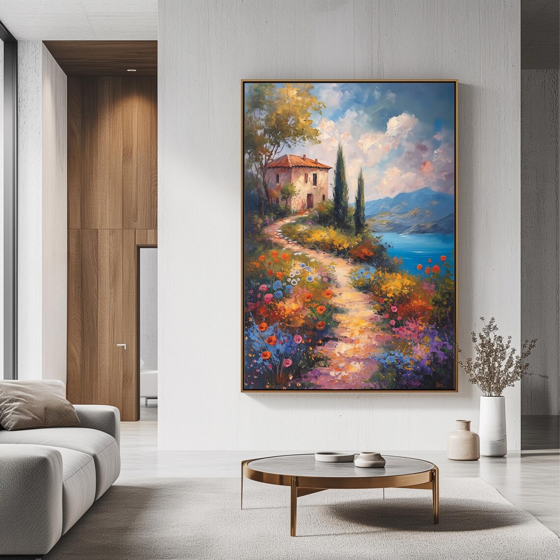 Tuscan Countryside Stone Villa Flower Path Lake View Travel Poster - Image 3