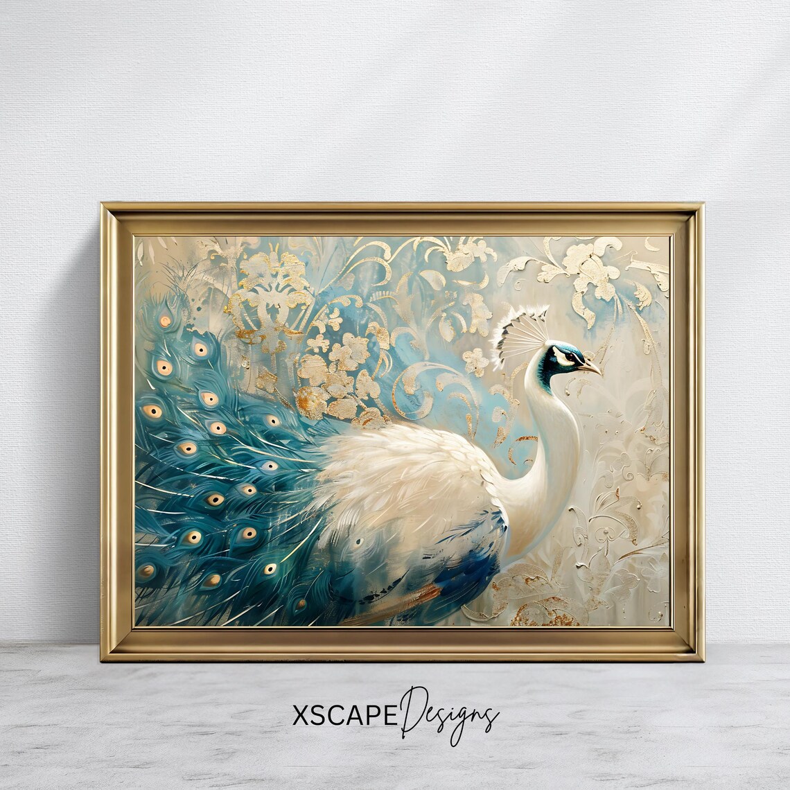 Elegant White Peacock Teal Tail Feathers Gold Damask Animal Wall Art