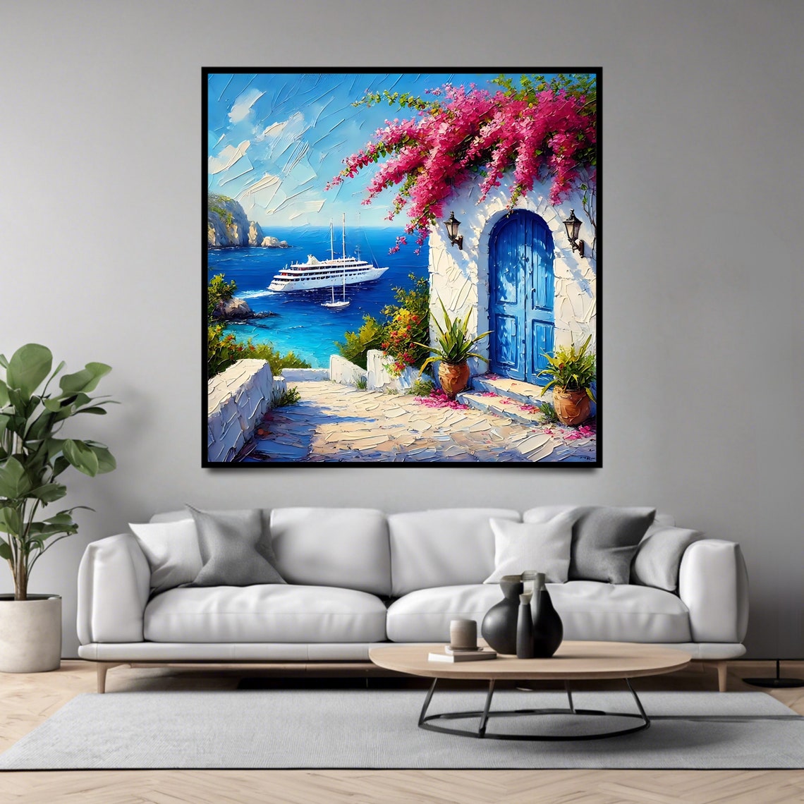 Santorini Greece Cruise Ship Blue Door Bougainvillea Ocean View Print - Image 4