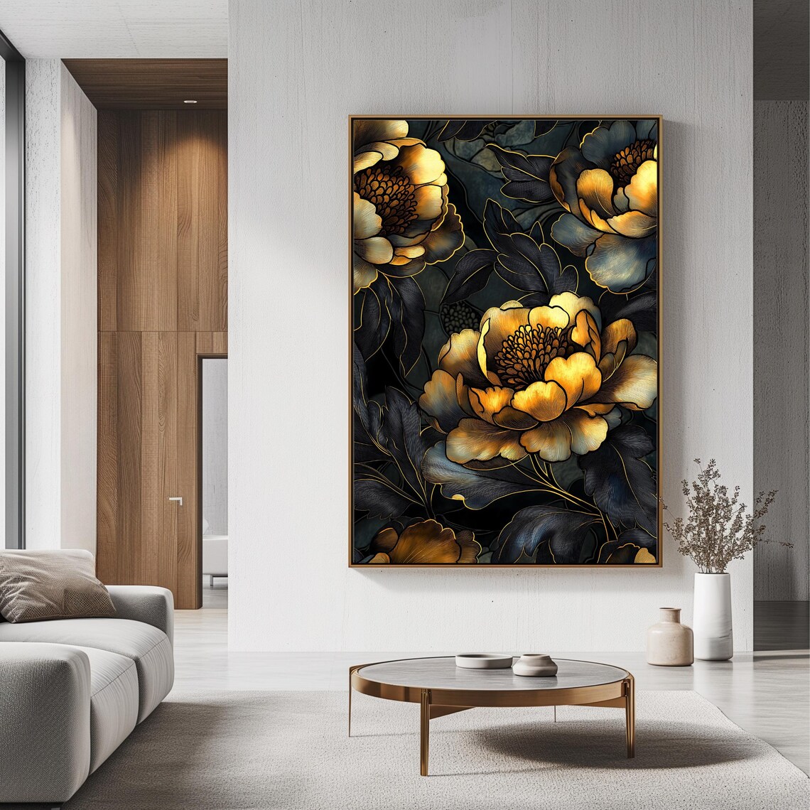 Elegant Gold Peony Blossoms Dark Moody Botanical Floral Wall Art Print - Image 3