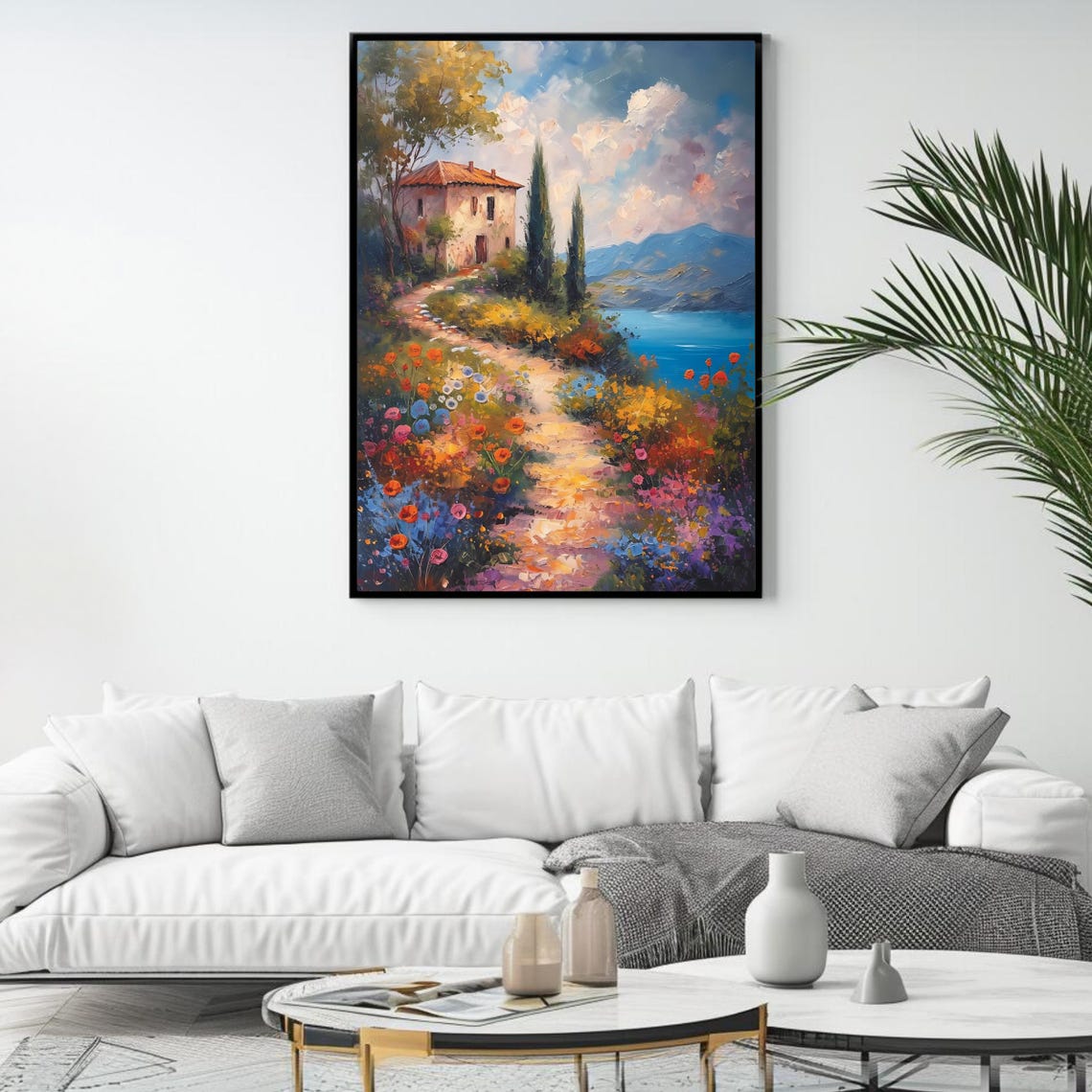 Tuscan Countryside Stone Villa Flower Path Lake View Travel Poster - Image 4