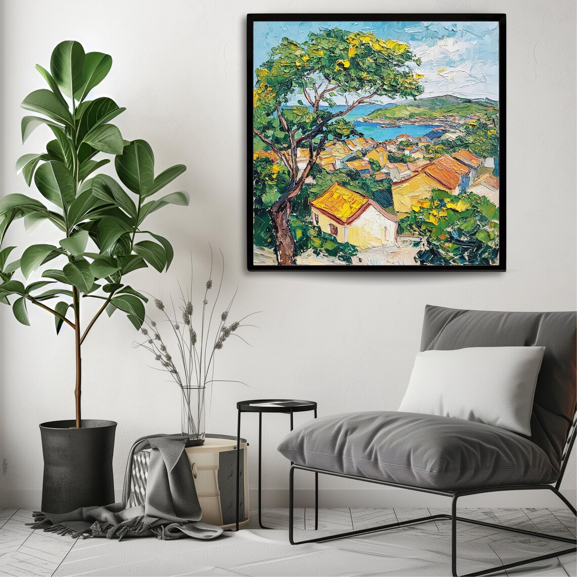 Mediterranean Village Overlook Terracotta Roofs Bay Impasto Art Poster - Image 3