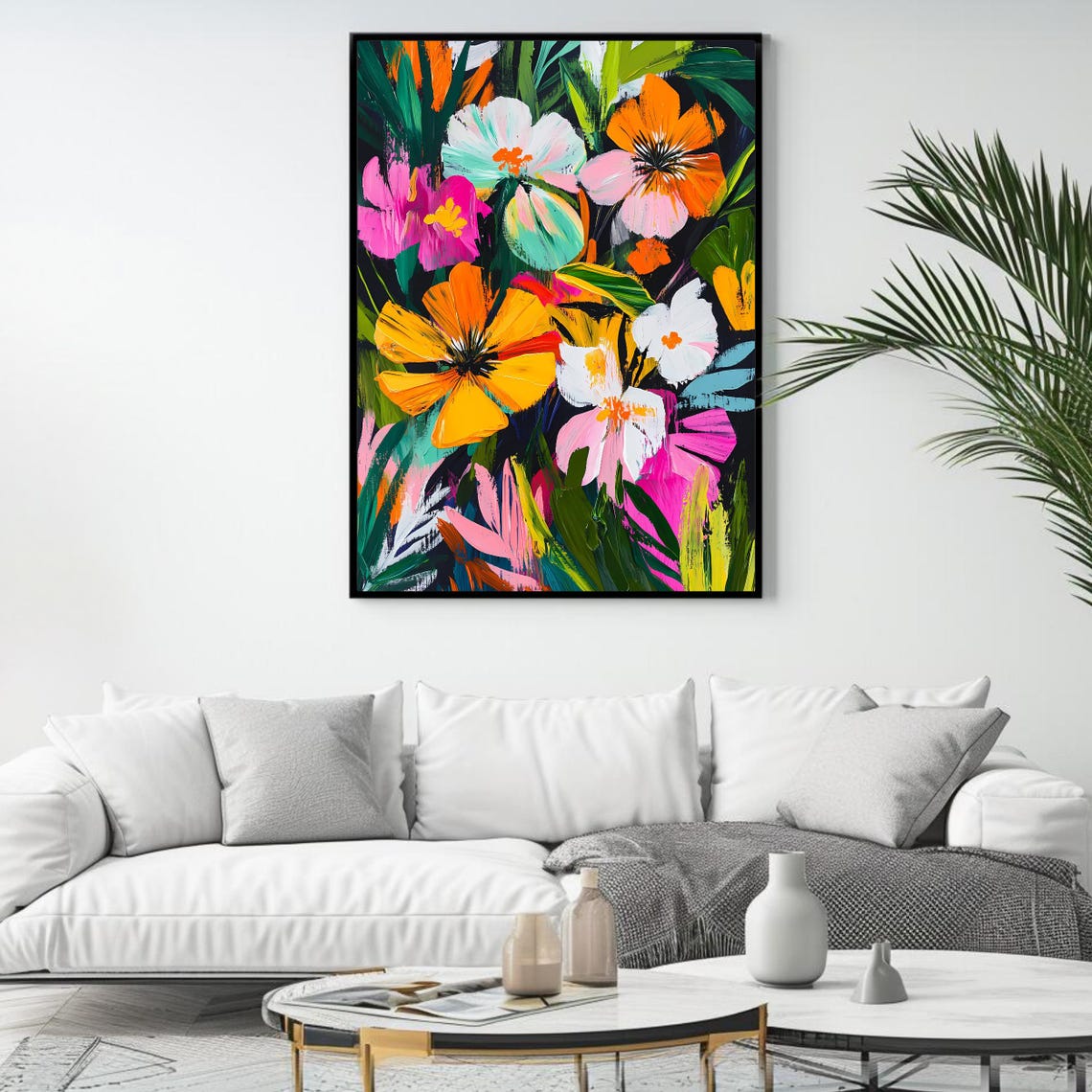 Bold Tropical Hibiscus Blooms In Pink Orange On Dark Green Wall Poster - Image 4