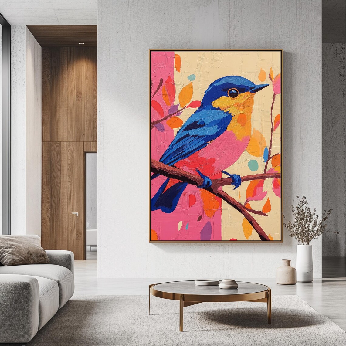 Colorful Blue And Yellow Songbird On Branch Modern Bird Painting Print - Image 3