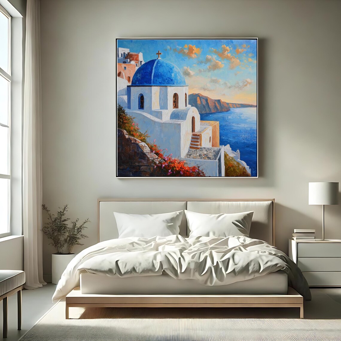 Santorini Blue Dome Church Sunset Caldera Sea View Greek Island Travel Poster - Image 2