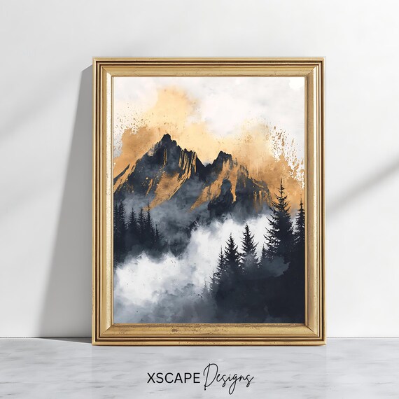 Vintage Mountain Landscape Art Print Misty Forest Wall Decor Rustic Nature Artwork
