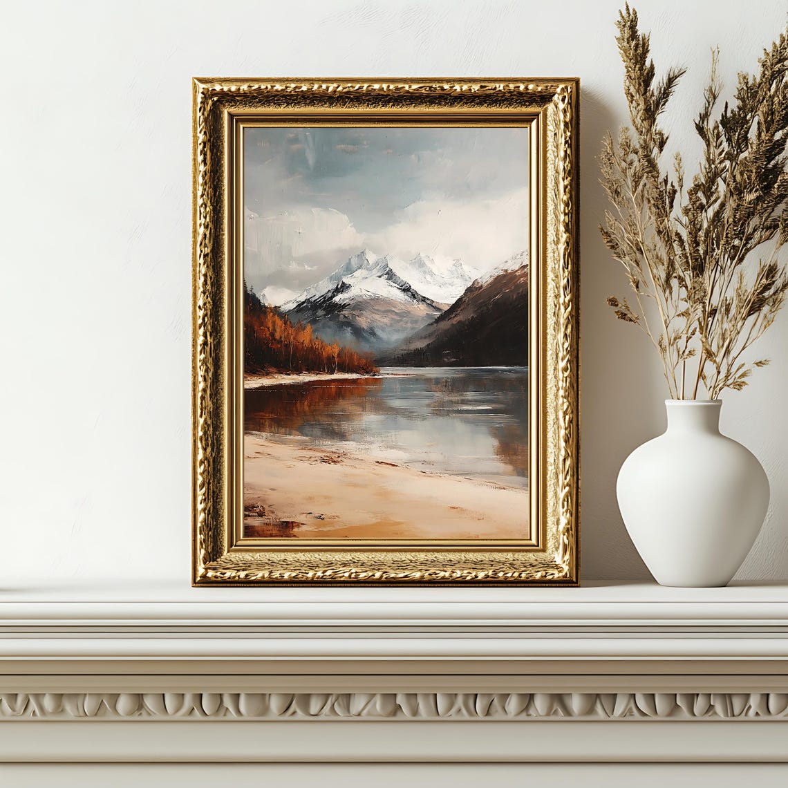 Mountain Lake Art Print Rustic Landscape Wall Decor Nature Inspired Artwork Vintage Painting - Image 2