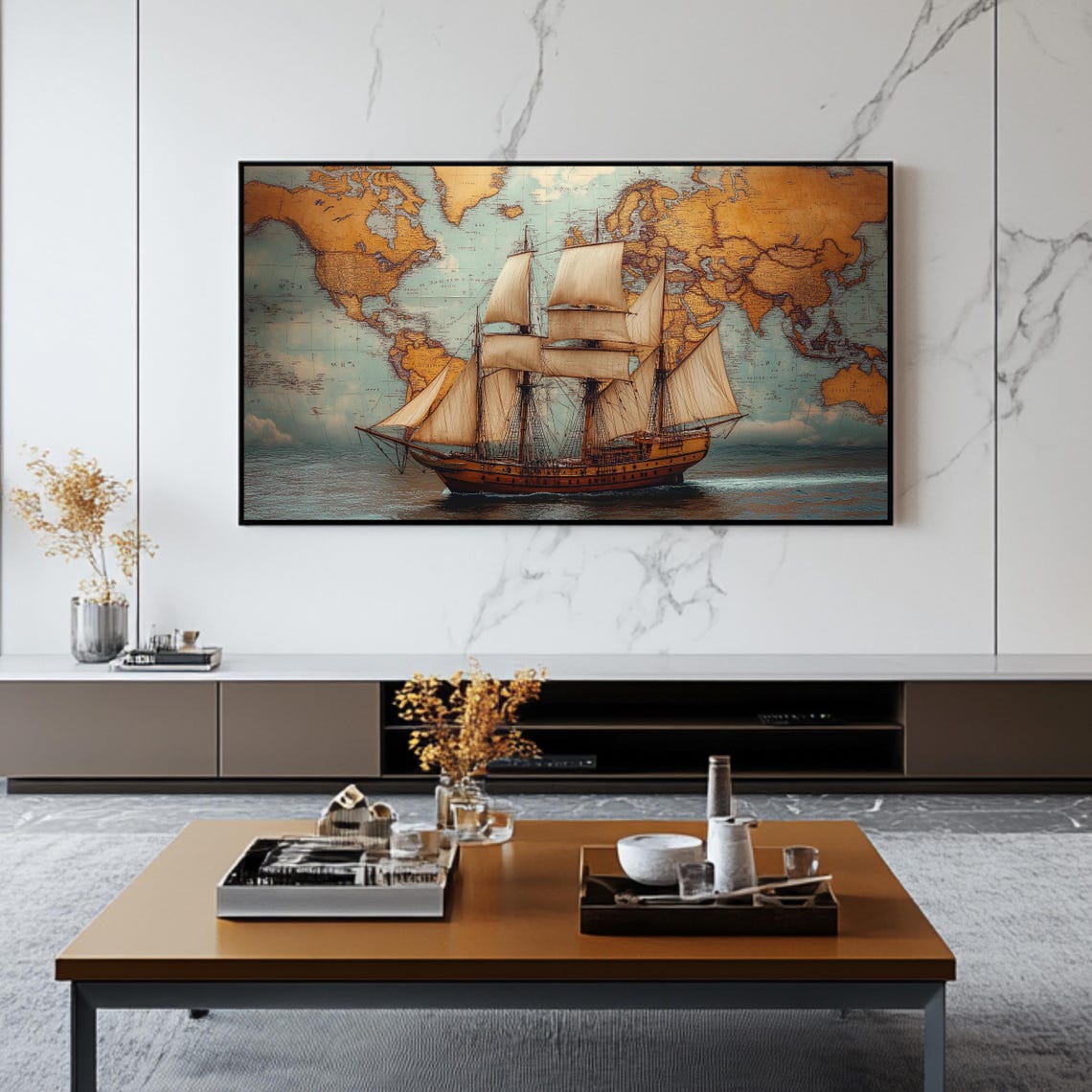 Vintage Tall Ship Sailing World Map Nautical Adventure Wall Art Poster - Image 2
