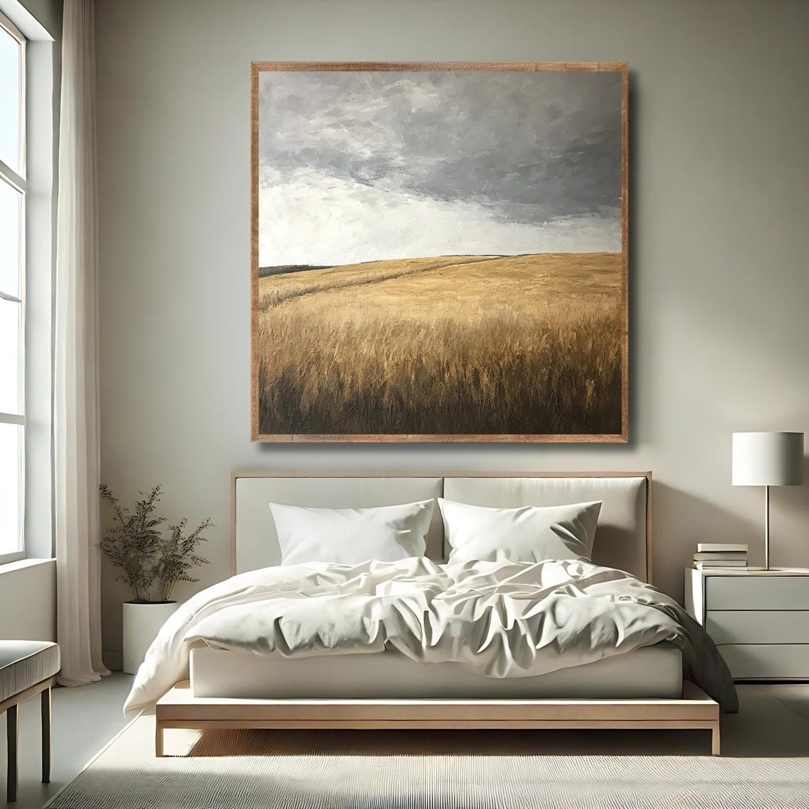Stormy Golden Field Painting Dramatic Gray Sky Rolling Meadow Poster - Image 2