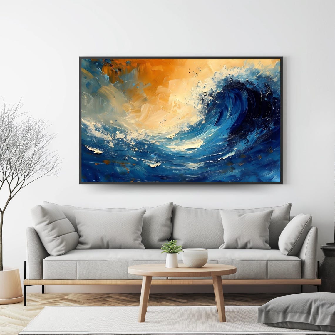 Blue and Gold Abstract Ocean Wave Dramatic Seascape Textured Poster - Image 4