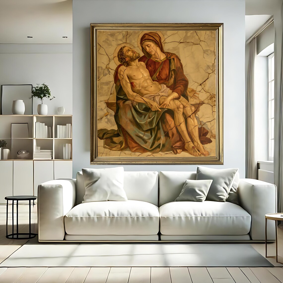 Pieta Mary Holding Jesus Antique Cracked Fresco Religious Catholic Art Print - Image 3